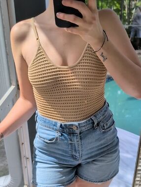 ekattire Tan Knit Cropped Tank Bodysuit